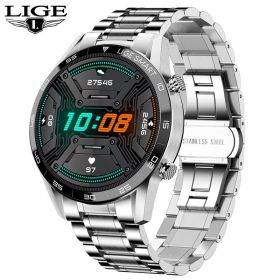 LIGE New BW0189 PRO Smart Watch Men Bluetooth Call Watch IP67 Waterproof Sports Fitness Watch For Android IOS Men Smart Watch (Ships From: China, Color: steel strip silver)