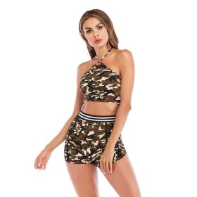 summer new women's European and American sports and fitness halter lace vest + shorts sports and leisure suit (Color: Camouflage, size: M)